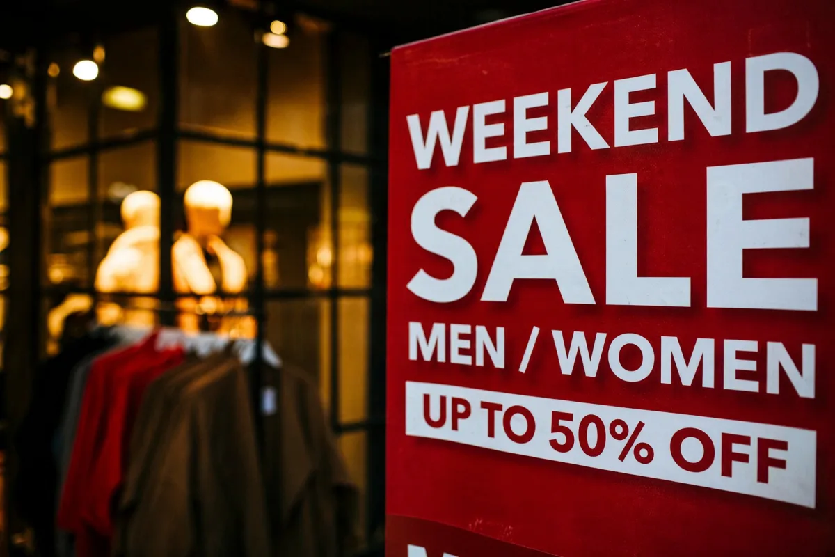 Grok output: the sale sign reads up to 50% off.