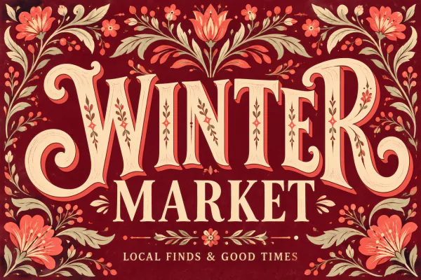 The same illustrated market poster with ornate WINTER lettering