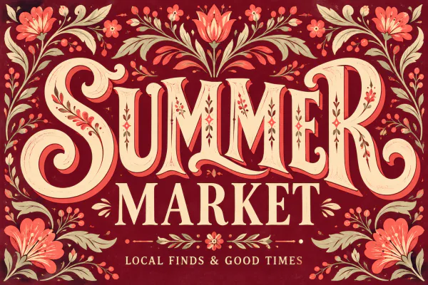 Illustrated market poster with ornate SUMMER lettering